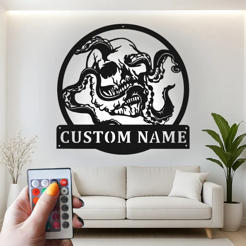 Panneau en métal LED Crâne & Pieuvre | Décoration murale nautique gothique personnalisée | Décor de pirate sur mesure pour salle de loisirs, bar ou studio