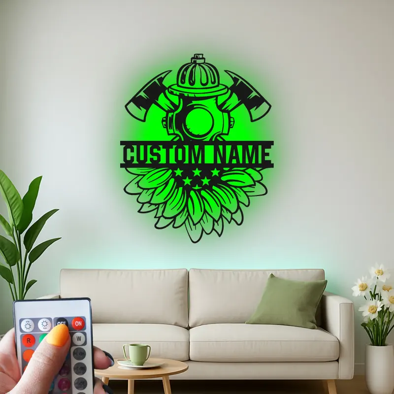 Custom Firefighter Metal Sign with LED | Personalized Fire Dept. Wall Art | Fireman Gift for Home or Station with Sunflower Decor