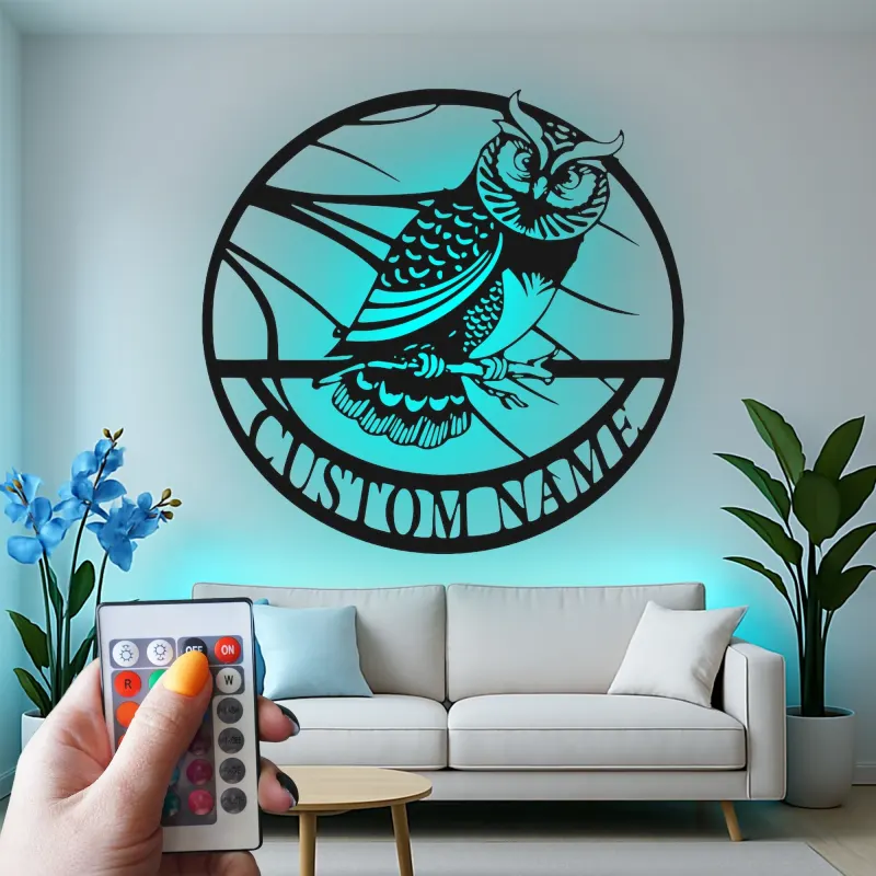 Great Horned Owl Metal Wall Art | Personalized LED Name Sign | Custom Bird Silhouette Decor for Home & Office | Nature Lover Gift