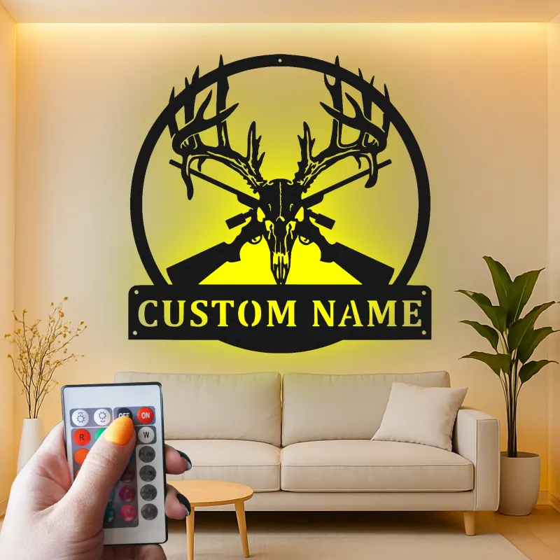 Panneau LED en métal personnalisé tête de cerf | Décor de chalet avec fusils croisés | Décoration murale de chasse sur mesure | Cadeau pour homme