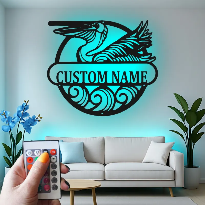 Custom Pelican Led Light Metal Wall Art Coastal Home Gift Personalized Beach House Decor