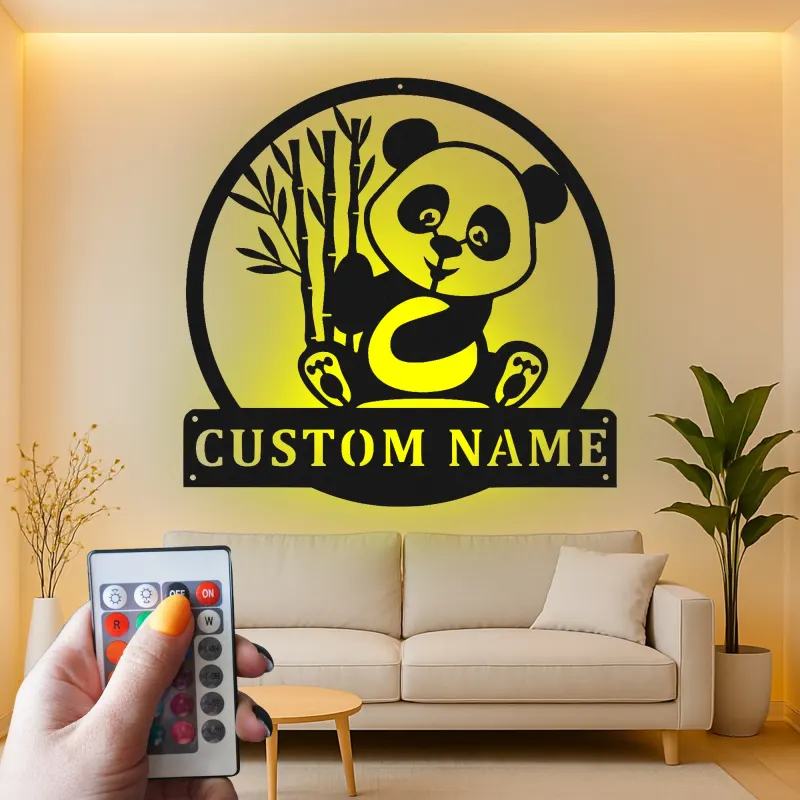 Insegna LED Personalizzata con Panda | Decorazione per Nursery in Metallo | Regalo di Arte da Parete per Bambini | Targa Illuminata per Camera dei Bambini