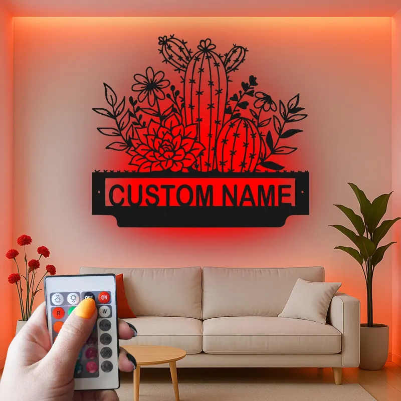 Custom Cactus Succulent Led Light Metal Wall Art Personalized Gift for Plant Lovers Bedroom or Living Room Decor
