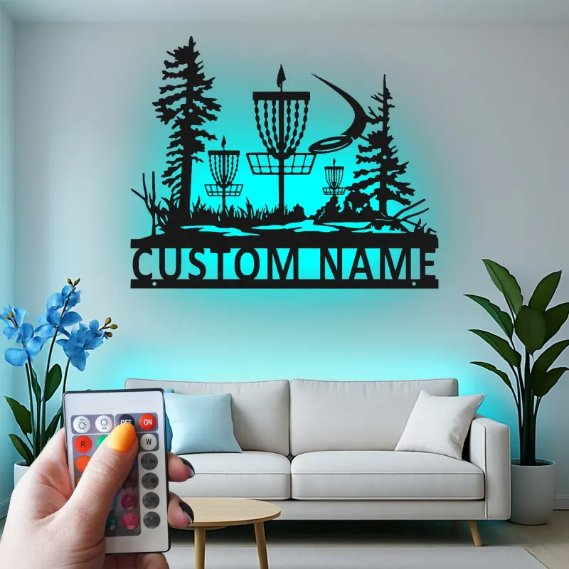 Décoration murale en métal personnalisée avec rétroéclairage LED pour panier de disc golf - Cadeau personnalisé pour disc golfers