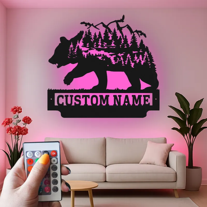 Décoration murale en métal personnalisée avec éclairage LED Forêt d'Ours Cadeau pour Amateurs de Nature Décor de Cabane 1