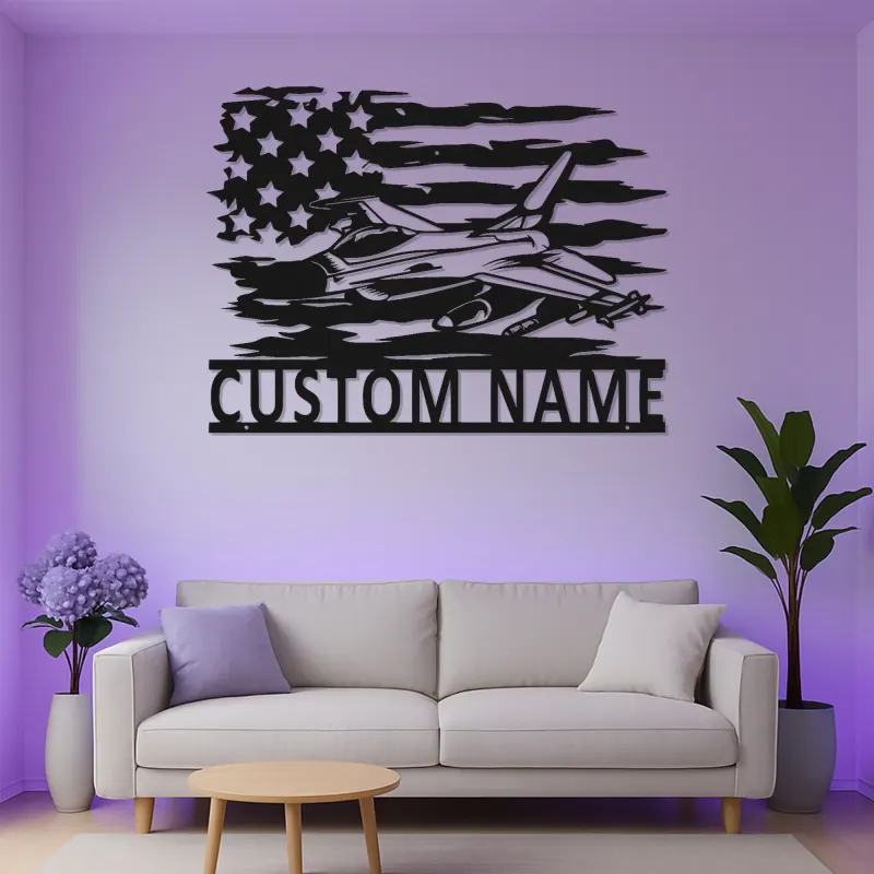 Custom Fighter Jet LED Metal Art | Personalized Military Pilot Gift | American Flag Wall Decor | Patriotic Man Cave Sign