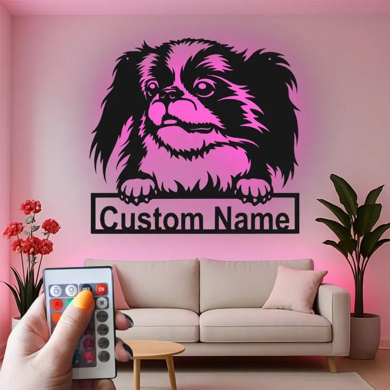 Custom Japanese Chin Led Light Metal Wall Art Personalized Dog Lover Gift Living Room Pet Decor
