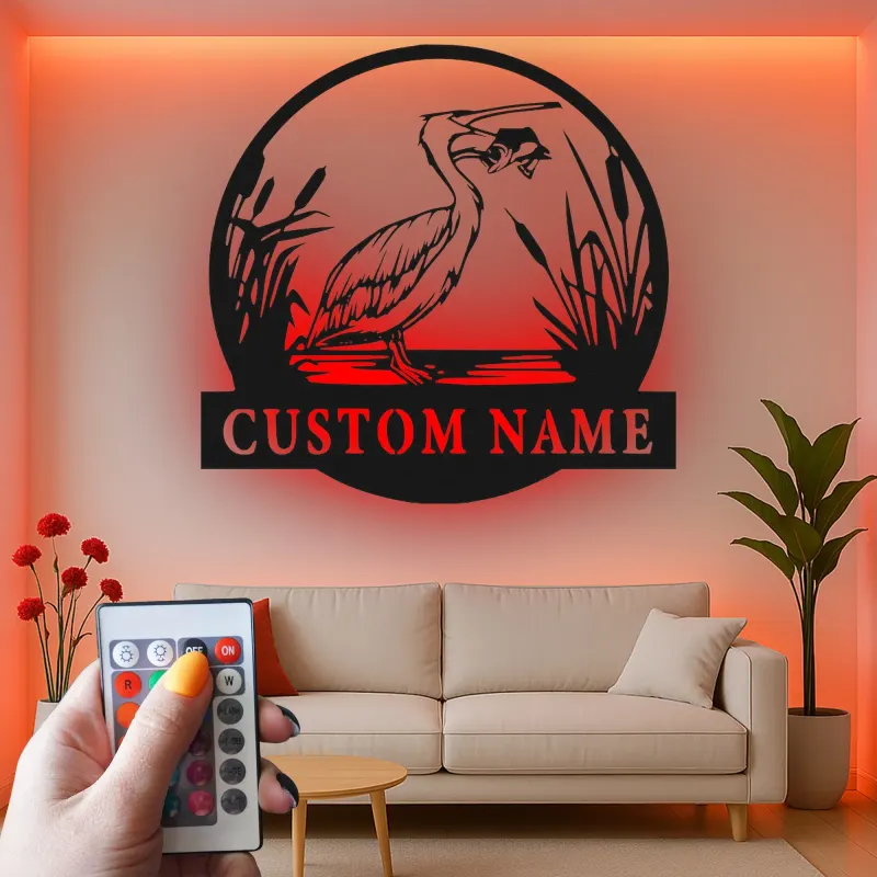 Insegna in metallo personalizzata con Airone e luci LED | Arte murale di fauna selvatica personalizzata | Decorazione per casa al lago e patio esterno
