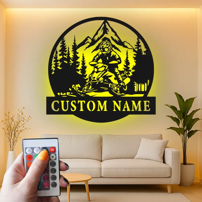 Individuelle Snowmobile LED Metall-Wandkunst | Personalisierte Bergfahrer-Schild | Geschenk für Snowmobiler & Hütten-Dekor