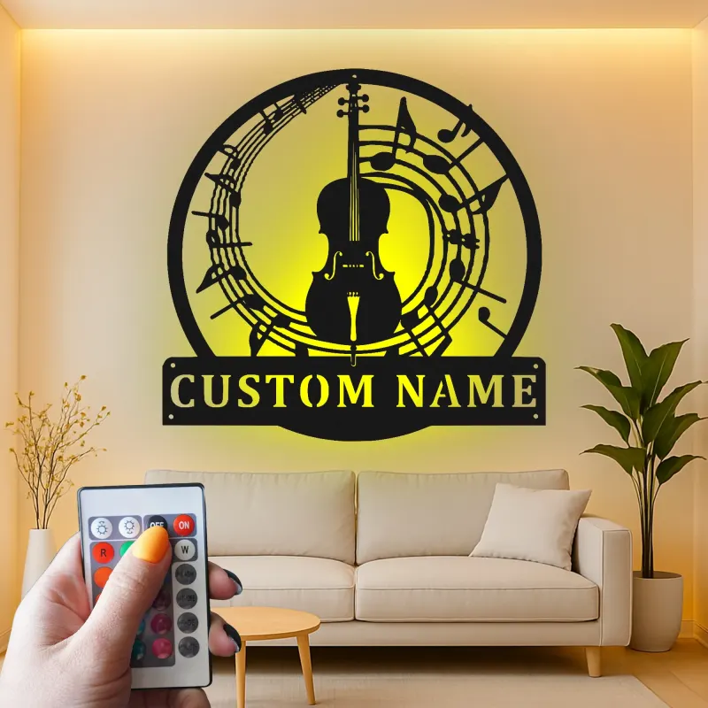 Cartel de metal personalizado con violín y notas musicales y luz LED Regalo para músicos Decoración de estudio o sala de música
