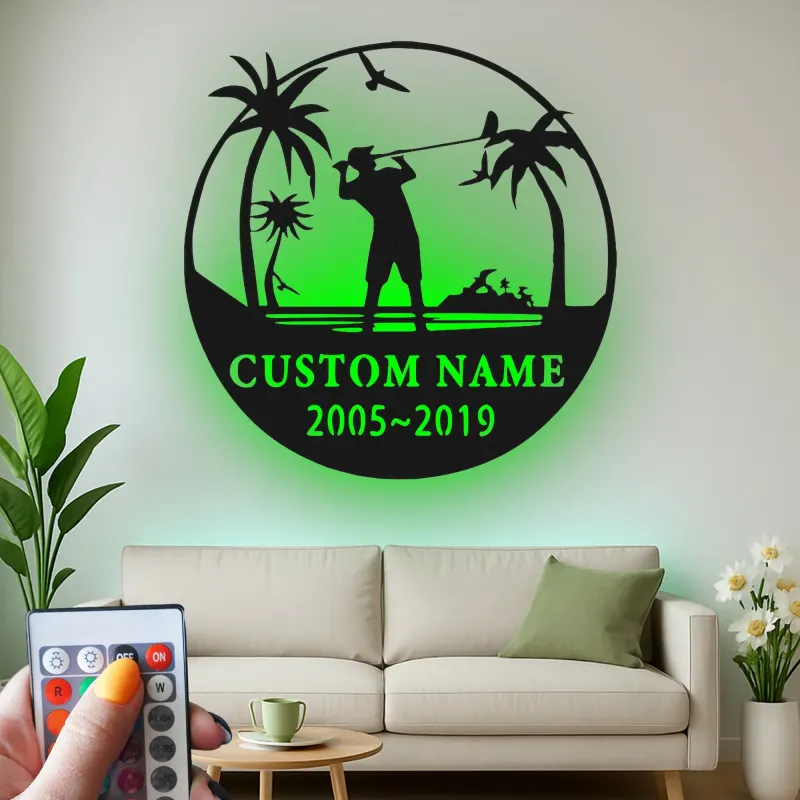 Décoration murale en métal personnalisée pour golfeur avec LED | Déco sur mesure pour club de golf | Panneau gravé avec prénom | Cadeau pour passionné de golf
