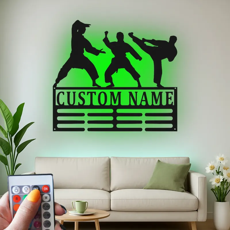 Expositor personalizado de cinturones de karate | Cartel LED personalizado de artes marciales | Decoración mural de metal para dojo | Regalo para cinturón negro