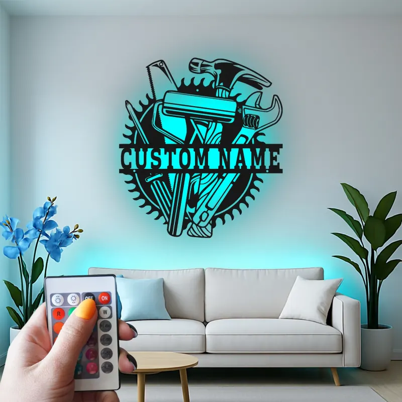 Custom Tool Set Led Light Metal Wall Art Personalized Gift for Handyman Garage Workshop Decor 1