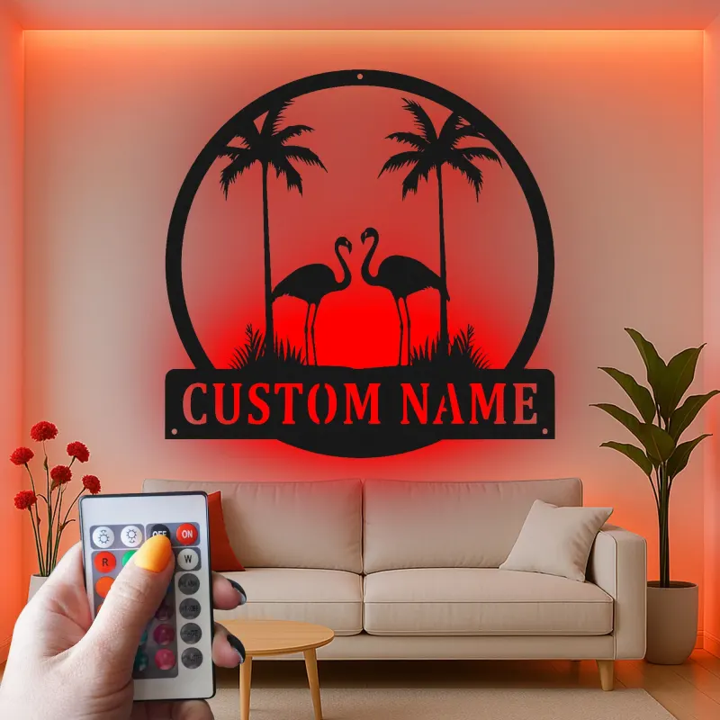 Insegna in metallo personalizzata con fenicottero | Arte murale LED con palma personalizzata | Decorazione per casa al mare e regalo per patio esterno