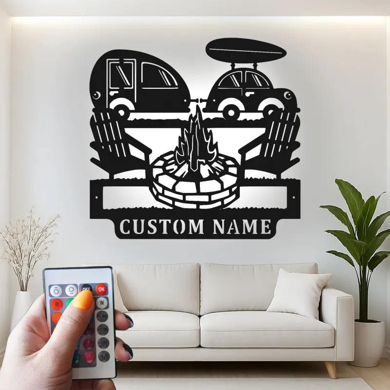 Décoration murale en métal personnalisée avec camping-car et feu de camp, cadeau de camping pour les passionnés de plein air