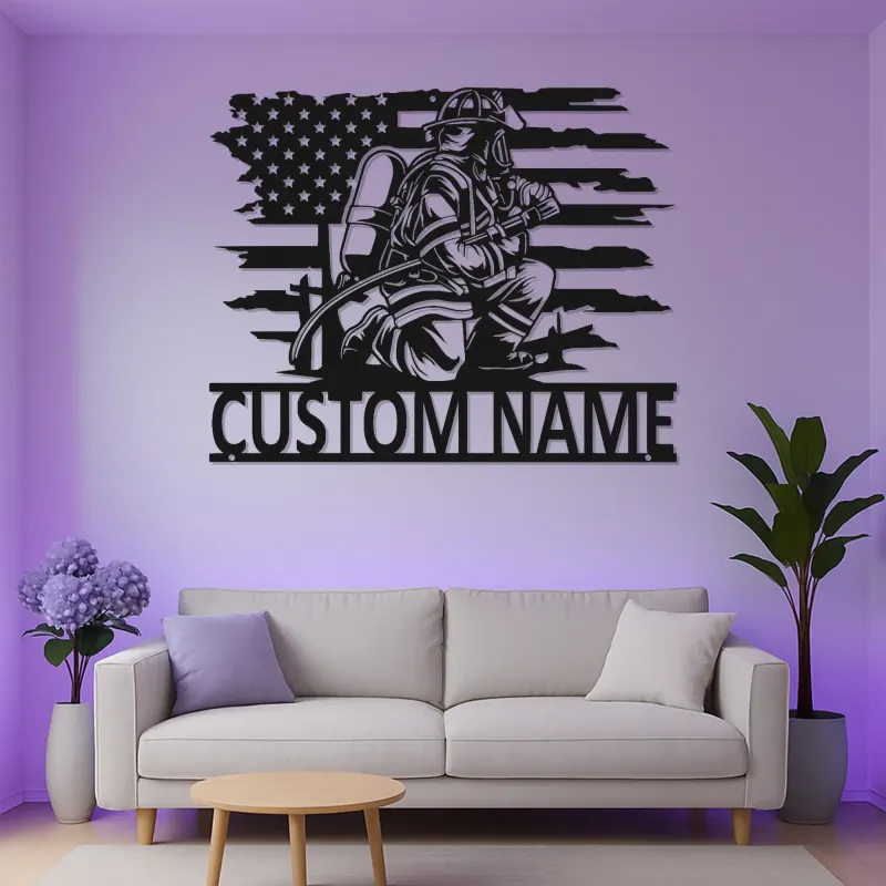 Décoration murale LED en métal pour pompier personnalisée | Plaque drapeau américain pour pièce dédiée ou bureau | Cadeau de retraite pour héros