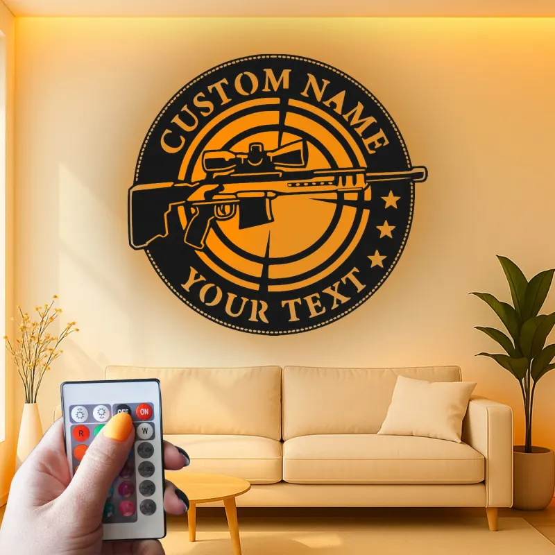 Sniper Rifle LED Metal Wall Art | Personalized Gun Sign for Man Cave | Custom Shooter Gift with RGB Lights