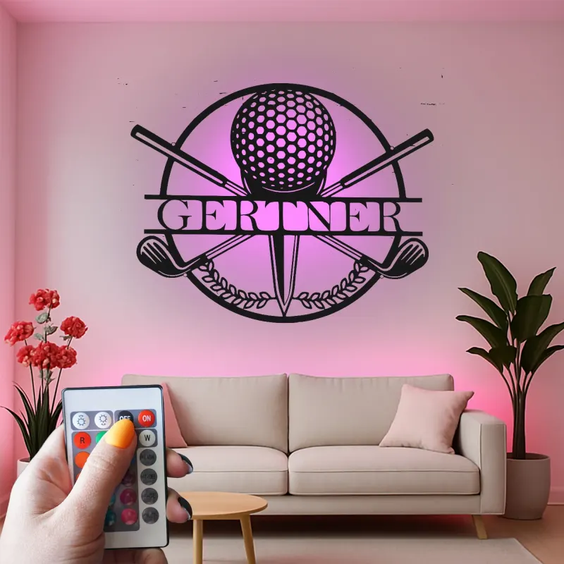 Panneau de golf personnalisé avec prénom | Décoration murale en métal LED | Cadeau sur mesure pour golfeur | Déco de bar sportif et bureau