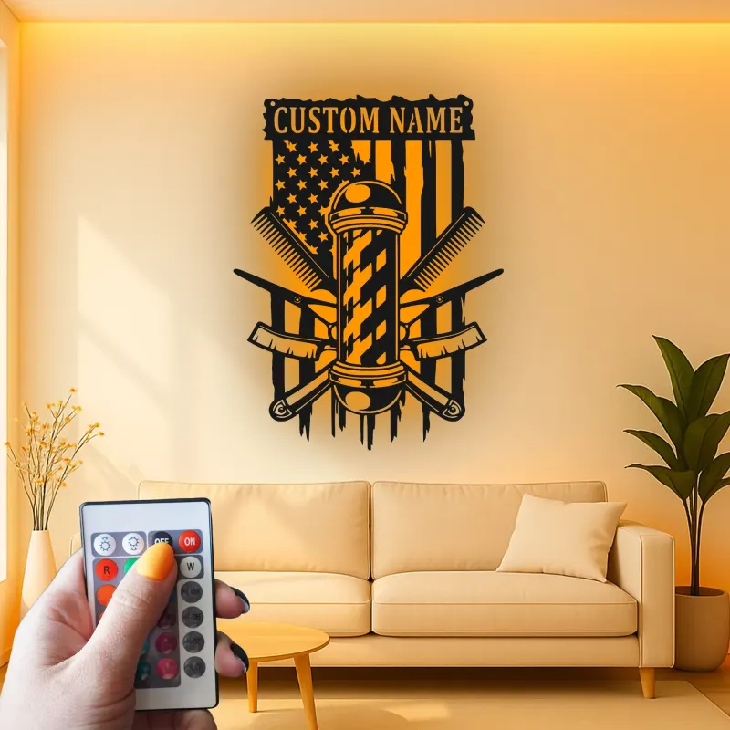 Cartel de metal LED personalizado de barbero con luz, regalo para barberías, decoración de salón para peluqueros