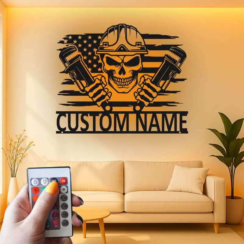 Custom Plumber Skull Metal Sign | LED Light Wall Art with American Flag | Personalized Gift for Plumbers, Workshop, or Garage Decor