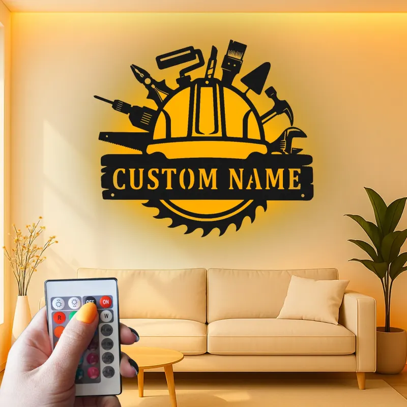 Cartel de metal personalizado con luz LED de herramientas de construcción, regalo personalizado para la decoración de talleres o garajes