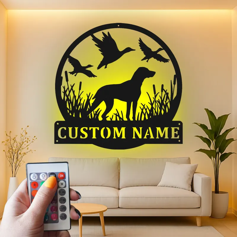 Insegna per Cacciatore Labrador Retriever | Insegna in Metallo LED Personalizzata | Regalo per Cacciatori e Decorazione per Cani