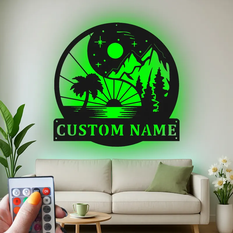 Personalized Yin Yang Metal Sign | LED Mountain Beach Art | Custom Name Decor for Home & Business