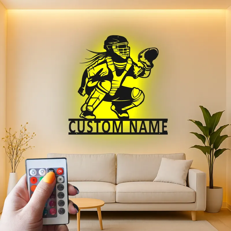 Cartel LED personalizado de receptora de softball | Arte mural de metal personalizado para habitación de chicas | Regalo para atleta femenina | Decoración de guardería deportiva