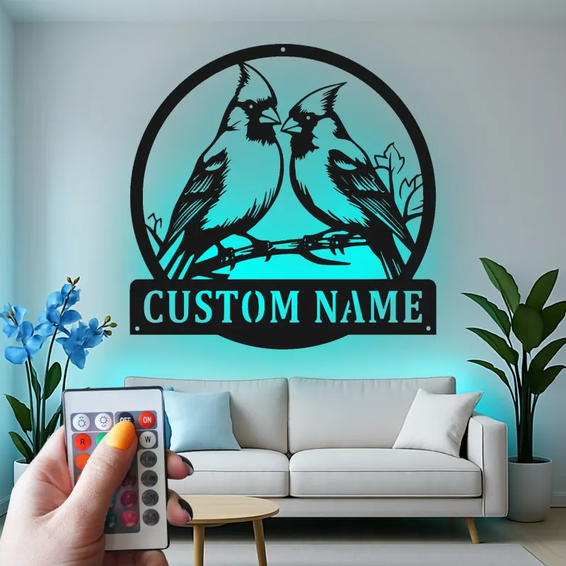 Insegna in metallo personalizzata con coppia di cardinali e luce LED - Regalo per amanti degli uccelli - Decorazione per soggiorno e natura