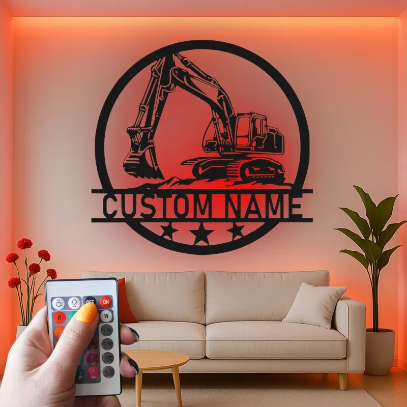 Décoration murale en métal LED personnalisée pour excavateur - Cadeau pour passionnés de construction, décoration de garage ou de bureau