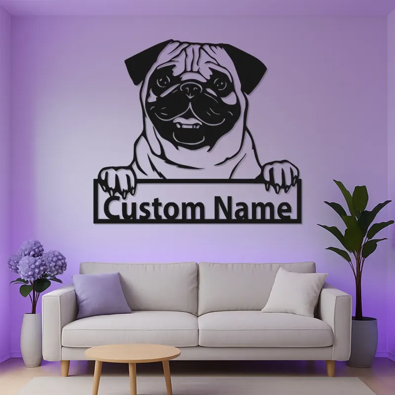 Personalisierte Pug LED-Schild | Individuelles Metall-Haustierporträt | Hundeliebhaber Namensdekoration | Moderne Wandkunst für den Eingangsbereich
