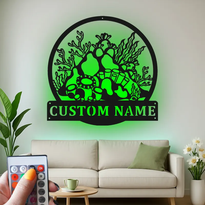 Cartel de metal personalizado con luz LED de arrecife de coral, regalo personalizado para amantes del océano, decoración náutica para casa de playa