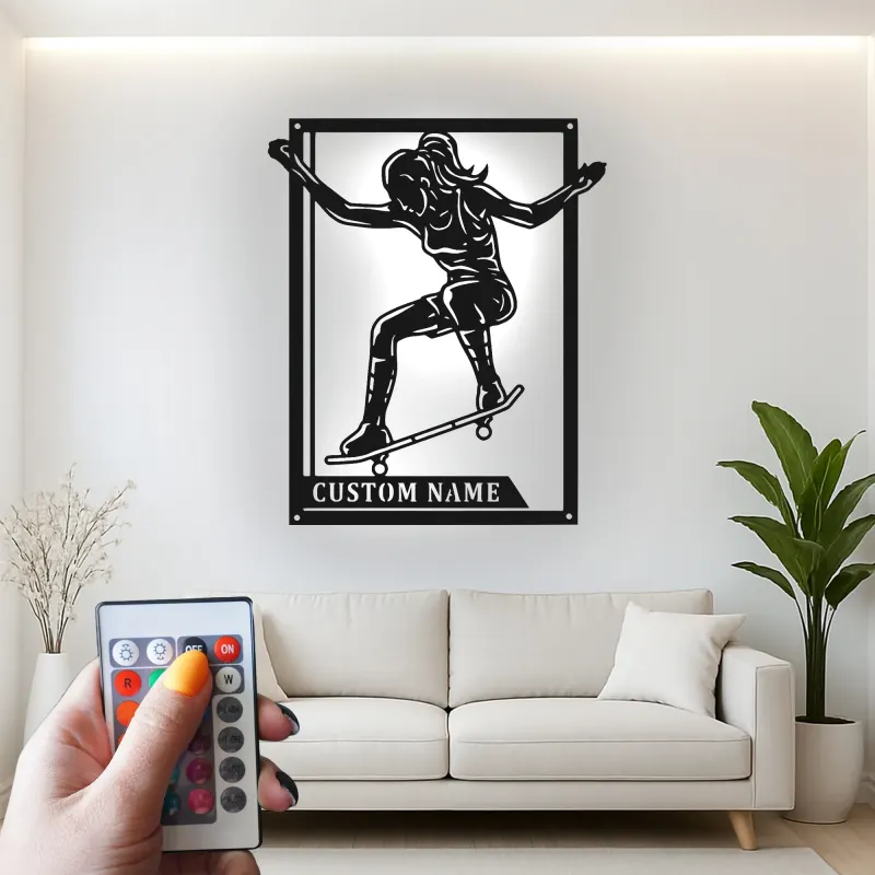 Décoration murale en métal personnalisée avec skateboard LED - Cadeau pour passionnés de skateboard et décoration de chambre d'adolescent