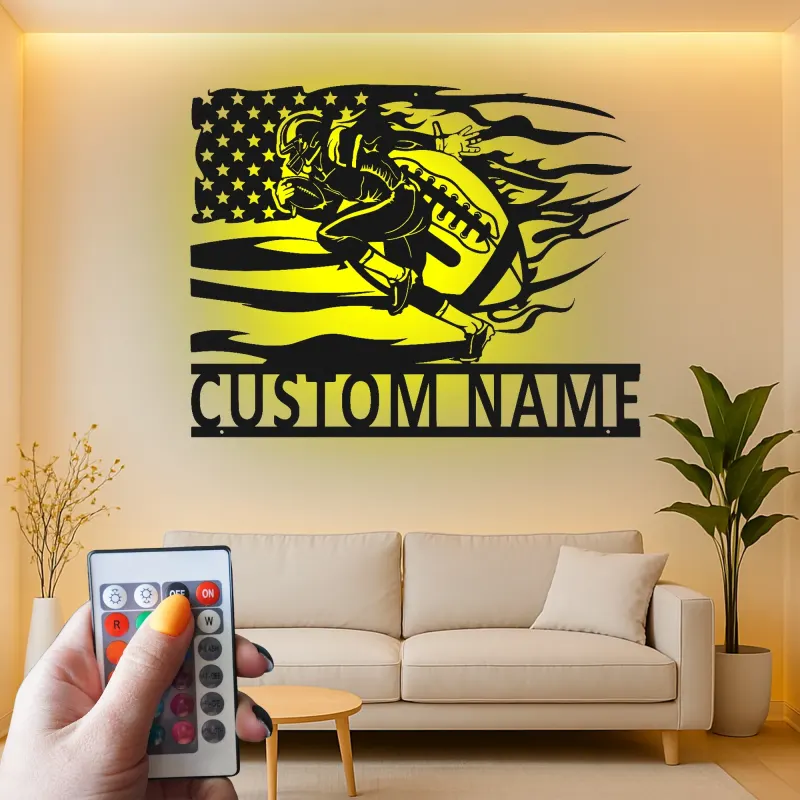 Cartel metálico personalizado de jugador de fútbol americano | Decoración mural LED para habitación infantil | Decoración deportiva con nombre a medida | Regalo para deportistas