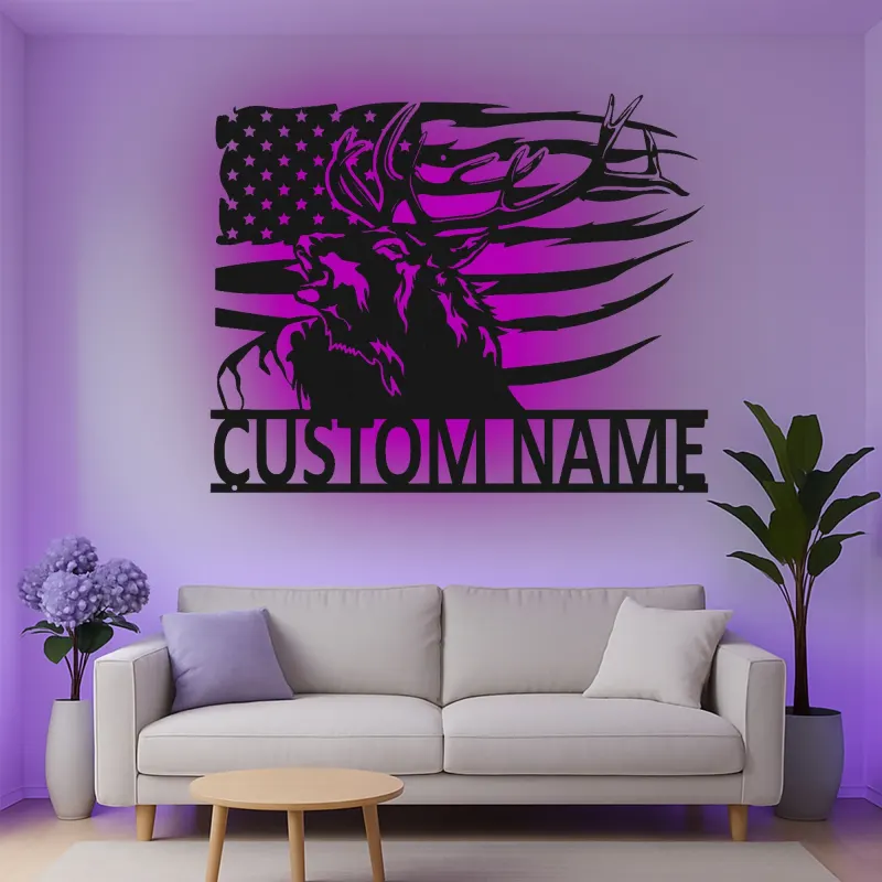 Custom Deer with American Flag Led Light Metal Wall Art Personalized Gift for Hunters Rustic Cabin Decor