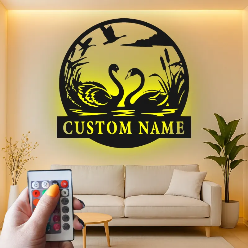 Insegna in metallo personalizzata con cigni | Arte murale retroilluminata a LED | Regalo romantico per matrimoni e anniversari