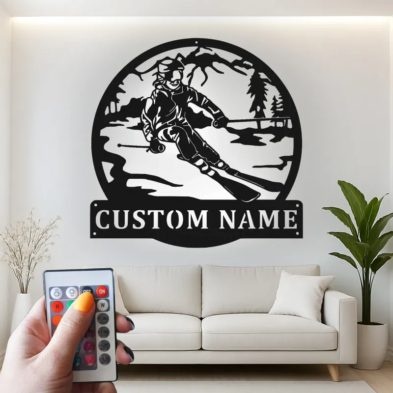 Cartel de metal LED esquiador personalizado regalo de esquí para entusiastas de deportes de invierno decoración de cabaña o refugio 1