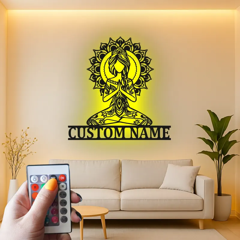 Cartel de metal personalizado con luz LED de meditación de yoga, regalo personalizado para amantes del yoga, decoración zen para sala de meditación