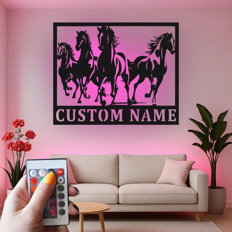 Insegna in metallo personalizzata con LED per cavallo | Arte murale equestri personalizzata | Decorazione per ranch e fienile per amanti dei cavalli