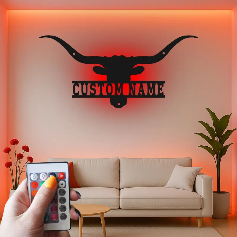 Décoration murale en métal personnalisée avec longhorn et rétroéclairage LED - Cadeau ranch, décoration western pour salon ou man cave