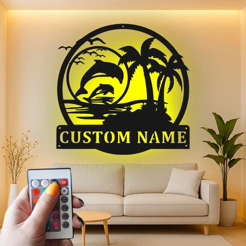 Décoration murale en métal personnalisée avec scène de plage de dauphins et rétroéclairage LED - Cadeau pour amoureux de l'océan - Décor côtier