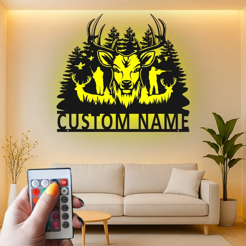 Cartel de metal LED de cazador de ciervos, regalo personalizado para cazadores, decoración rústica de cabaña