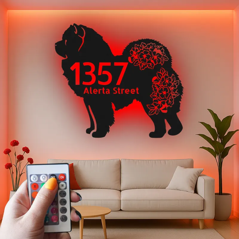 Insegna in metallo LED personalizzata Chow Chow, regalo per amanti dei cani, decorazione per indirizzo esterno