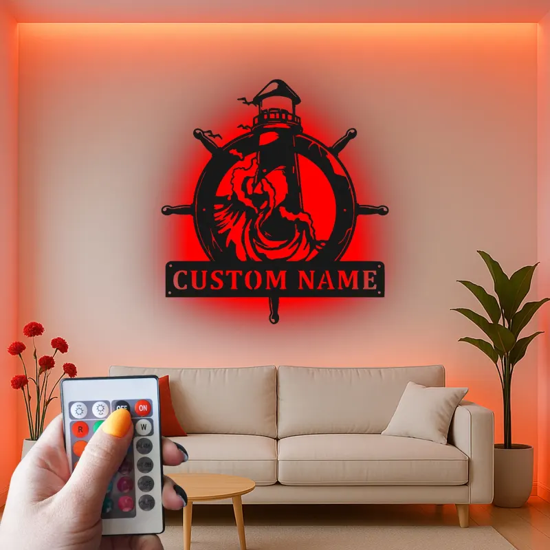 Custom Lighthouse Metal Sign | LED Nautical Wall Art | Personalized Ship Wheel Decor for Beach House | Maritime Gift