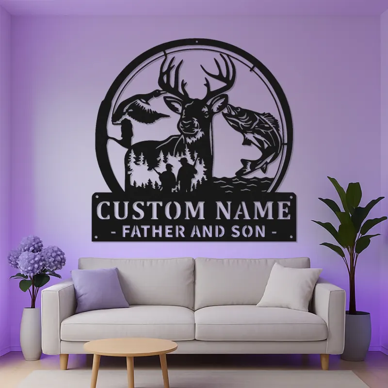 Insegna Personalizzata per Cacciatore e Pescatore | Arte in Metallo LED per Papà | Decorazione per Fauna Selvatica Personalizzata per Padre e Figlio | Regalo per Cabina e Man Cave