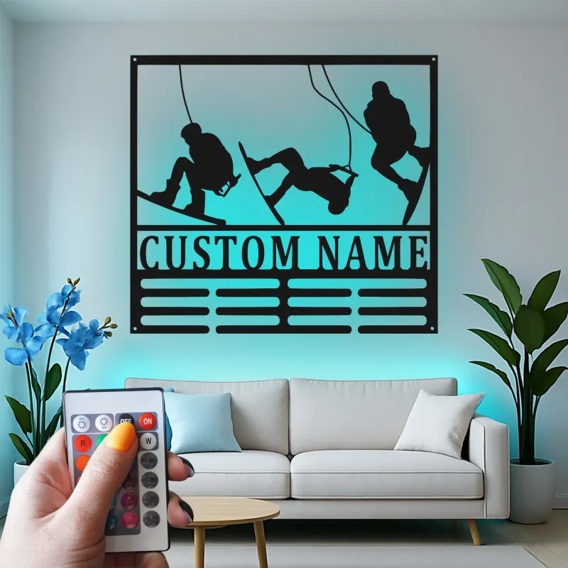 Décoration murale en métal personnalisée Aventure de ski avec rétroéclairage LED Cadeau personnalisé pour les passionnés de ski Décor de salle de jeux