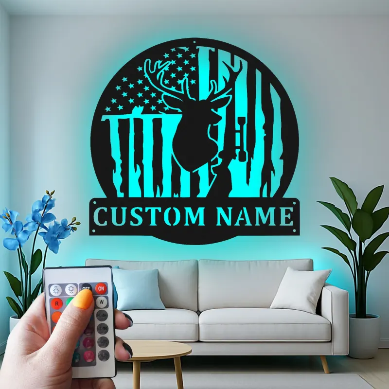 Custom Deer American Flag Led Light Metal Wall Art Hunting Gift for Him Rustic Cabin Decor