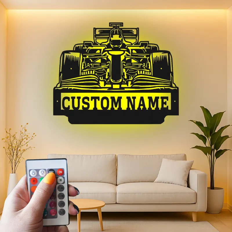 Arte murale in metallo per auto F1 personalizzata con luce LED | Regalo personalizzato per appassionati di motorsport | Arredo garage e man cave