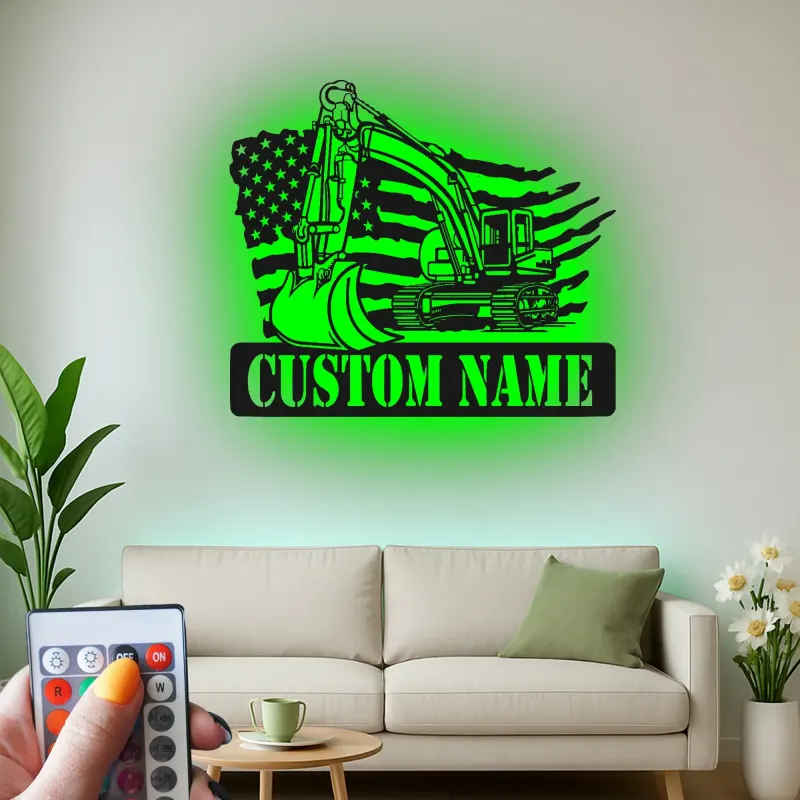 Décoration murale en métal LED personnalisée pour excavateur - Cadeau pour travailleurs de la construction - Décor de garage ou de bureau