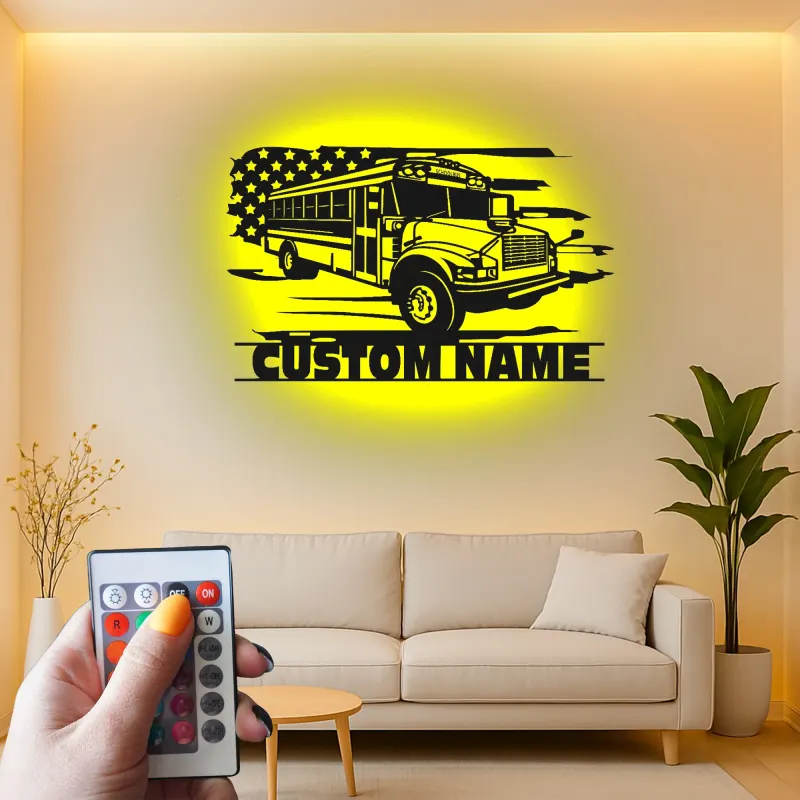 Custom School Bus LED Sign | Metal Wall Art | Personalized Driver Gift | Patriotic Classroom Decor
